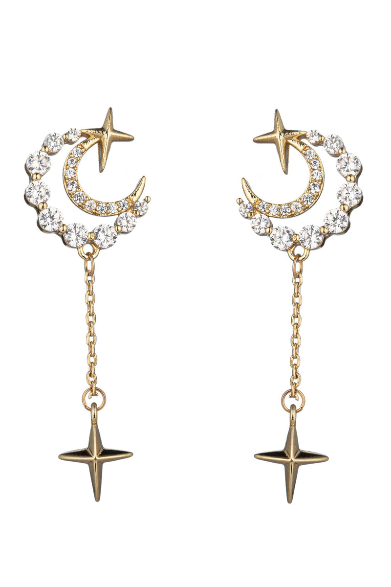 Golden Moon and Star Dance: 18K Gold Plated Cubic Zirconia Earrings