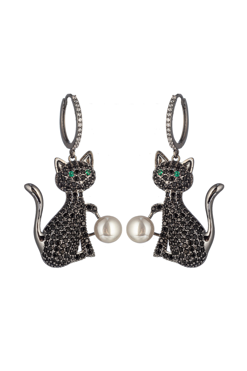 Black cat pendant earrings studded with CZ crystals.