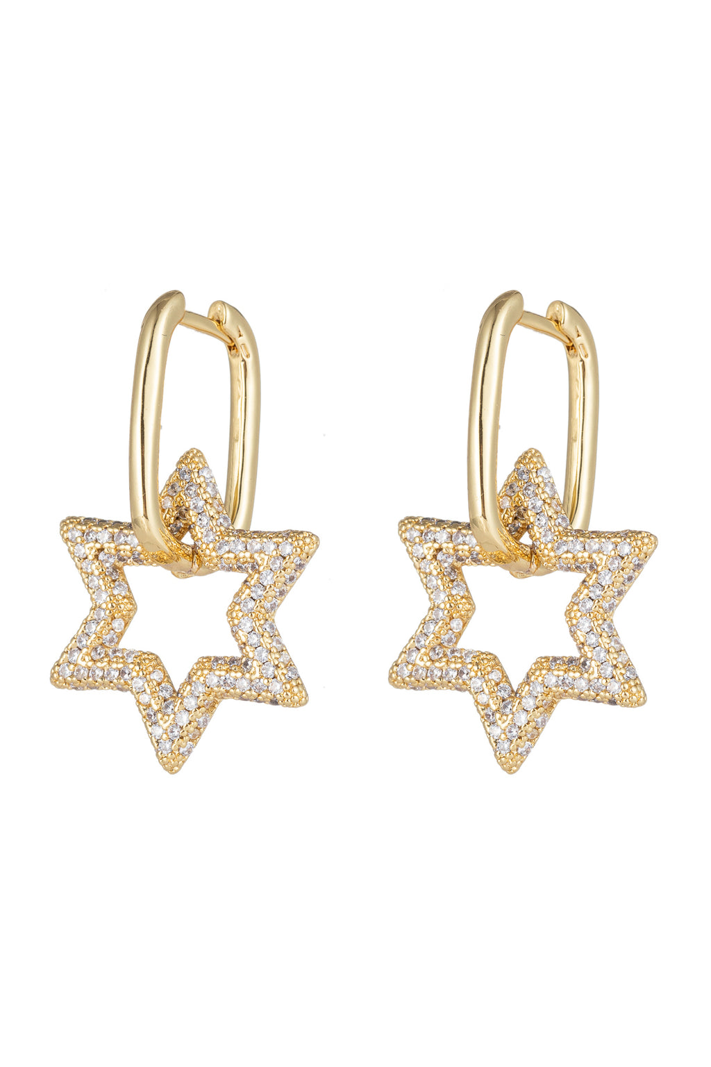 Double star 18k gold plated huggie earrings studded with CZ crystals.