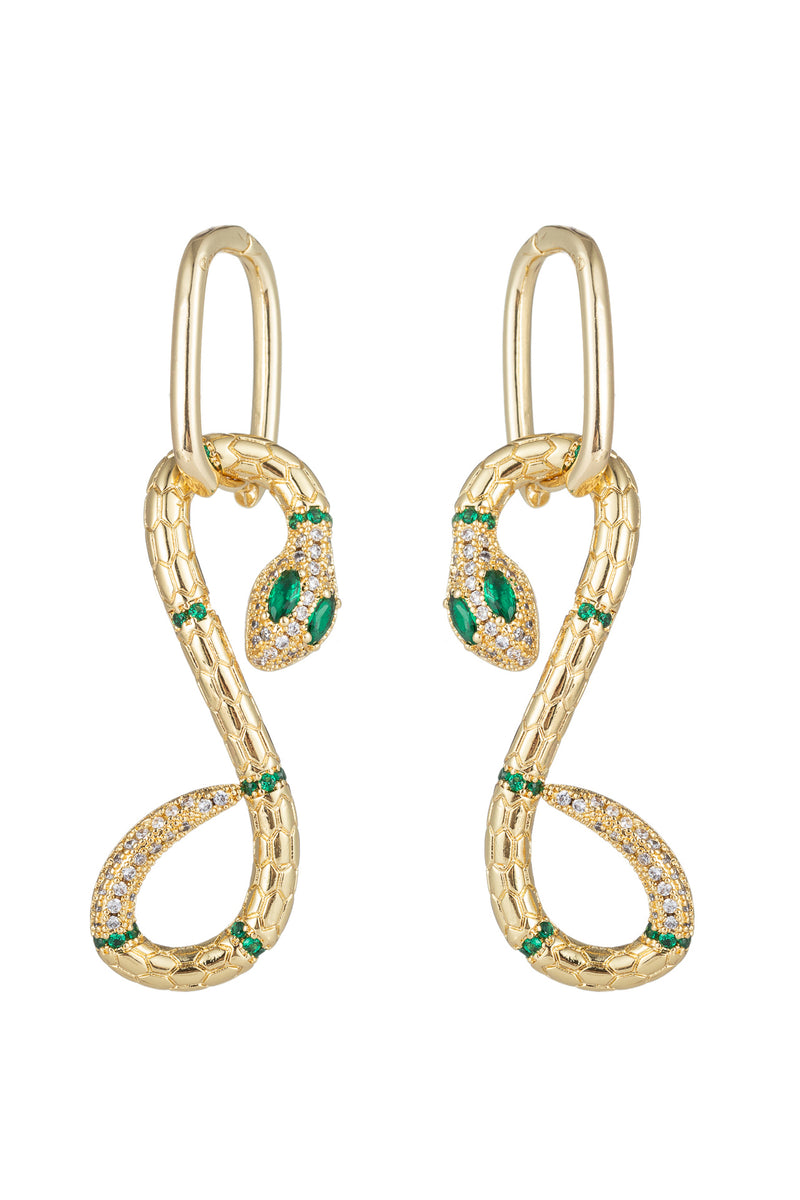 Green mamba 18k gold plated CZ crystal earrings.