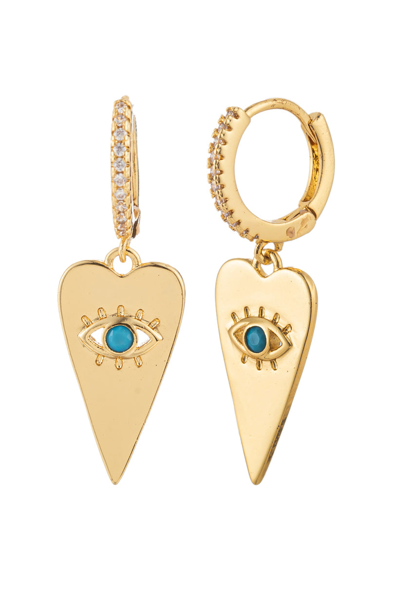 Eye heart 18k gold plated earrings studded with CZ crystals.