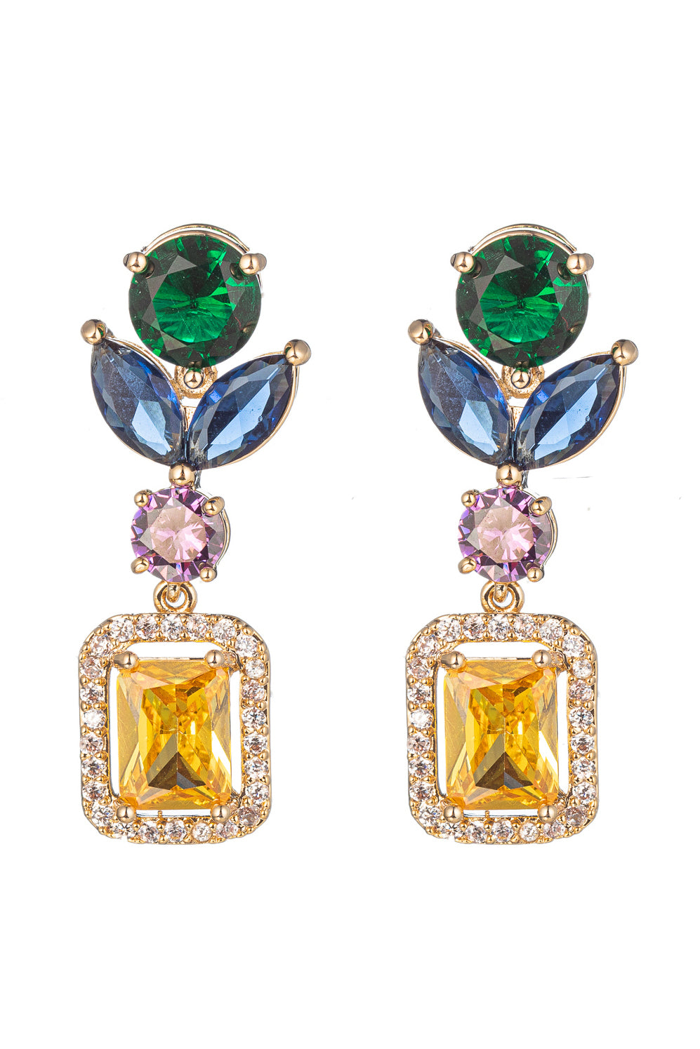Gold tone brass statement earrings studded with multicolored CZ crystals.