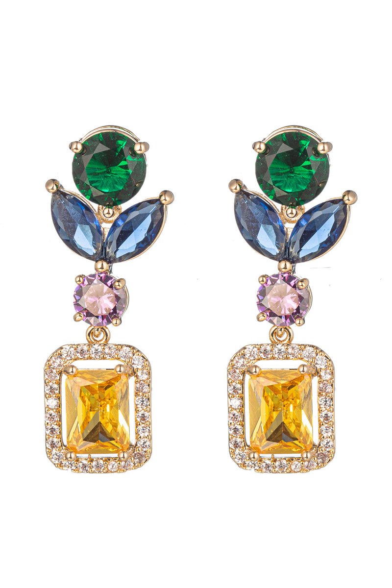 Gold tone brass statement earrings studded with multicolored CZ crystals.