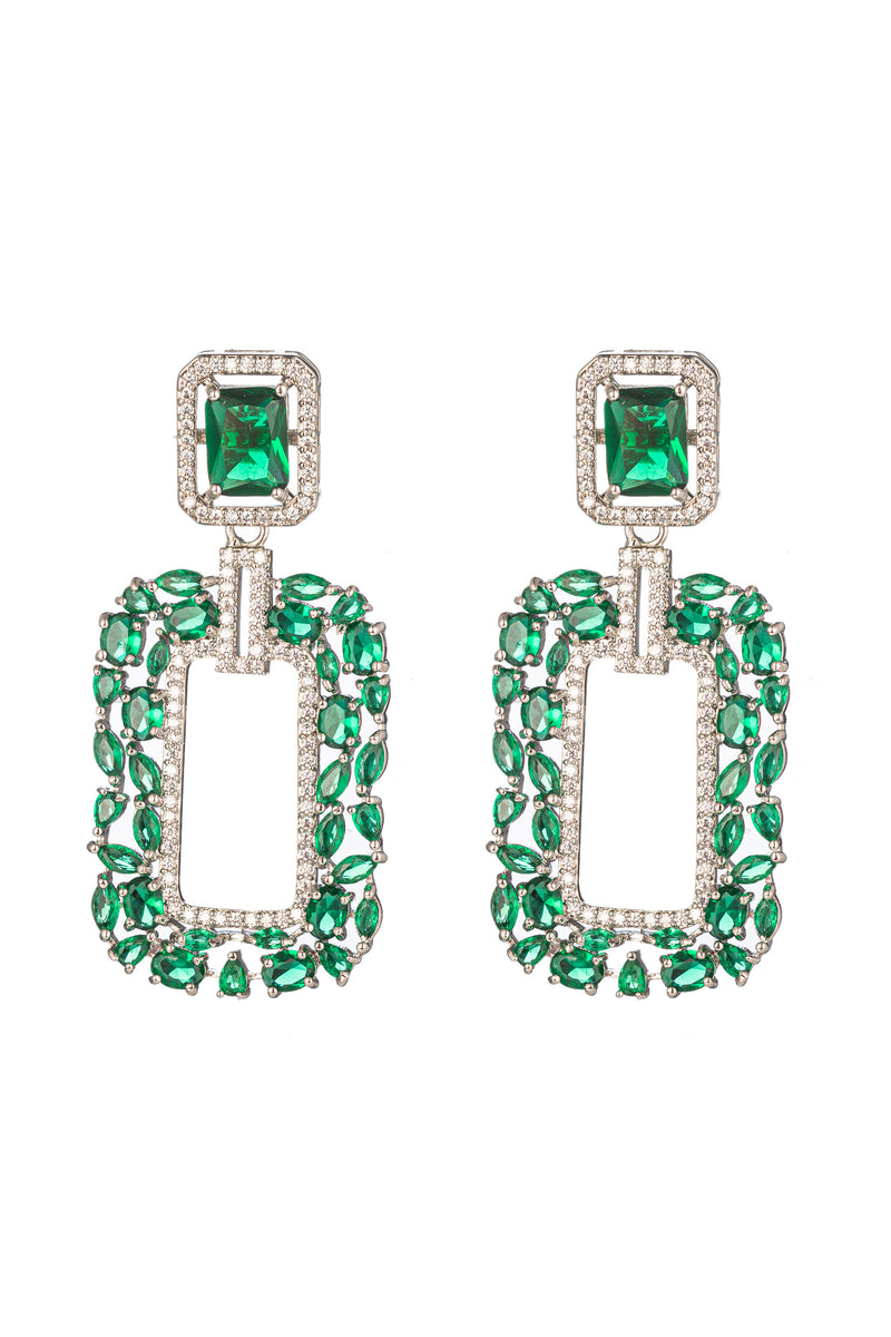 Gold tone brass statement earrings studded with green CZ crystals.