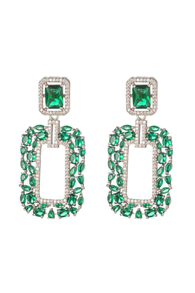 Gold tone brass statement earrings studded with green CZ crystals.