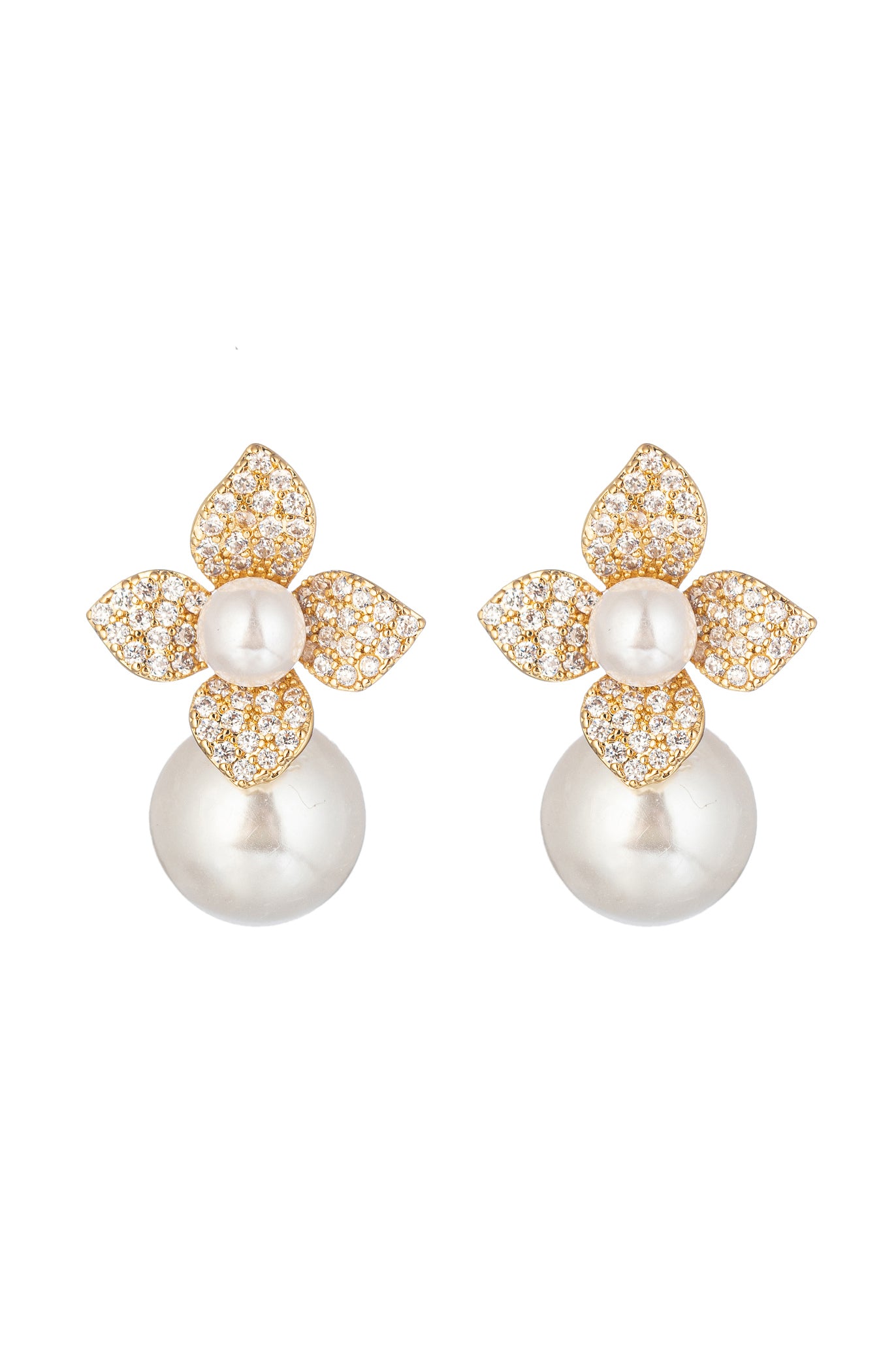 Gold tone brass floral cuff earrings studded with CZ crystals.