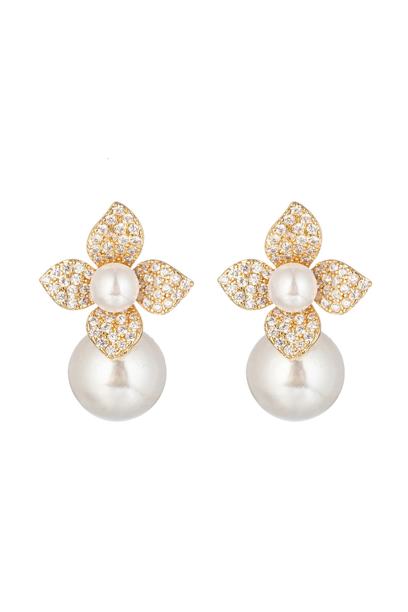 Gold tone brass floral cuff earrings studded with CZ crystals.