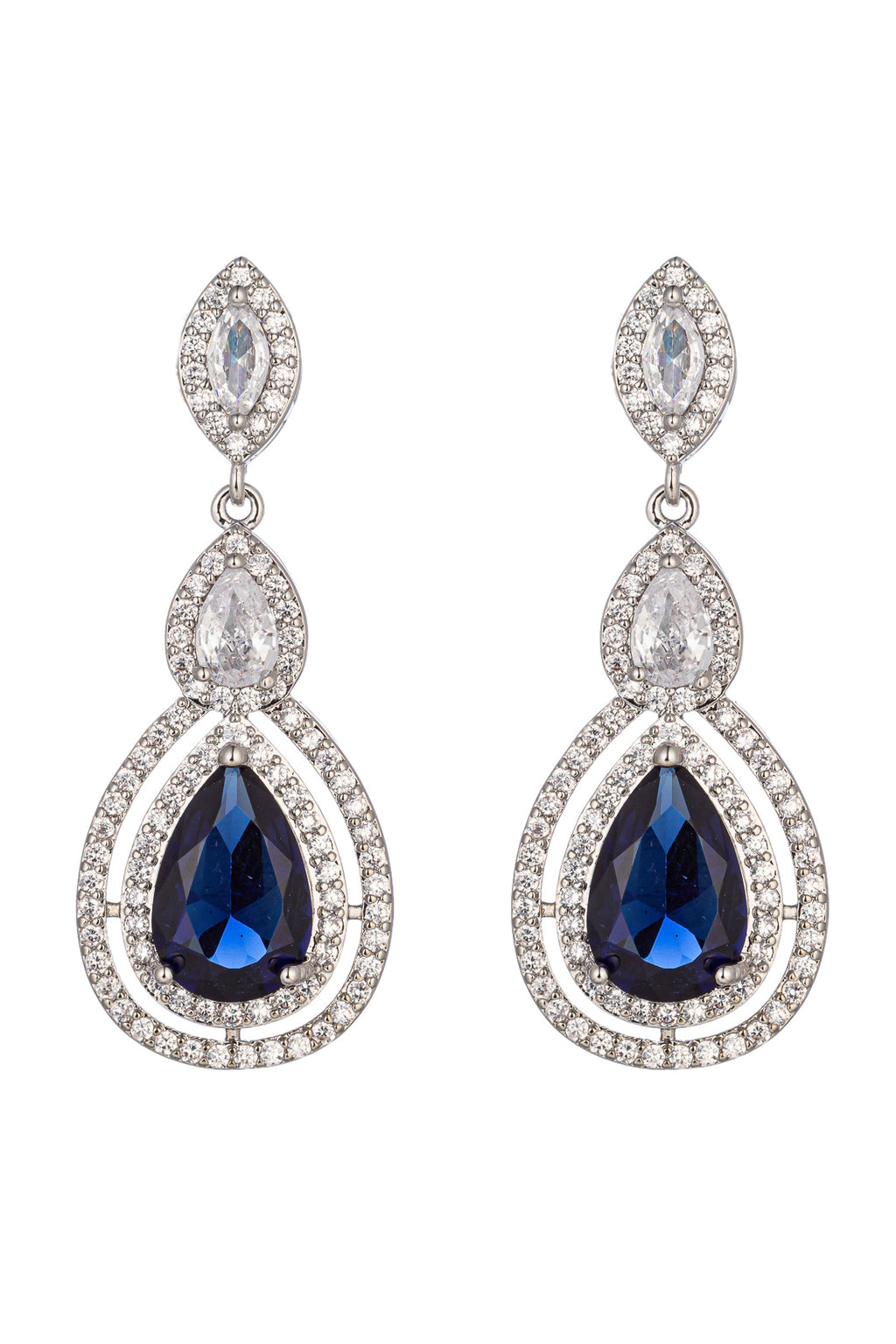 Silver tone brass statement drop earrings studded with a blue CZ crystal.