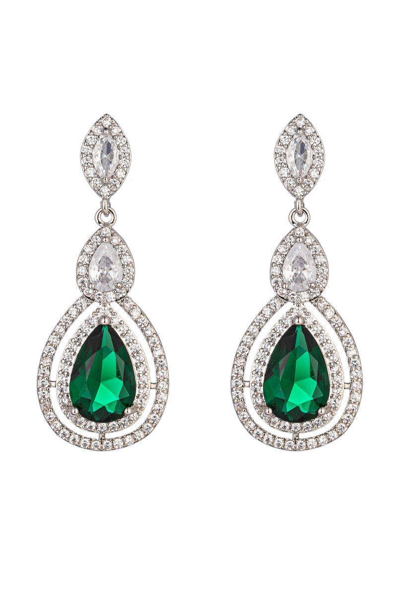 Silver tone brass statement drop earrings studded with a green CZ crystal.