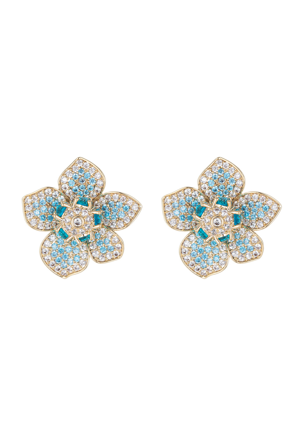 Blue gold flower petal earrings with CZ crystals.
