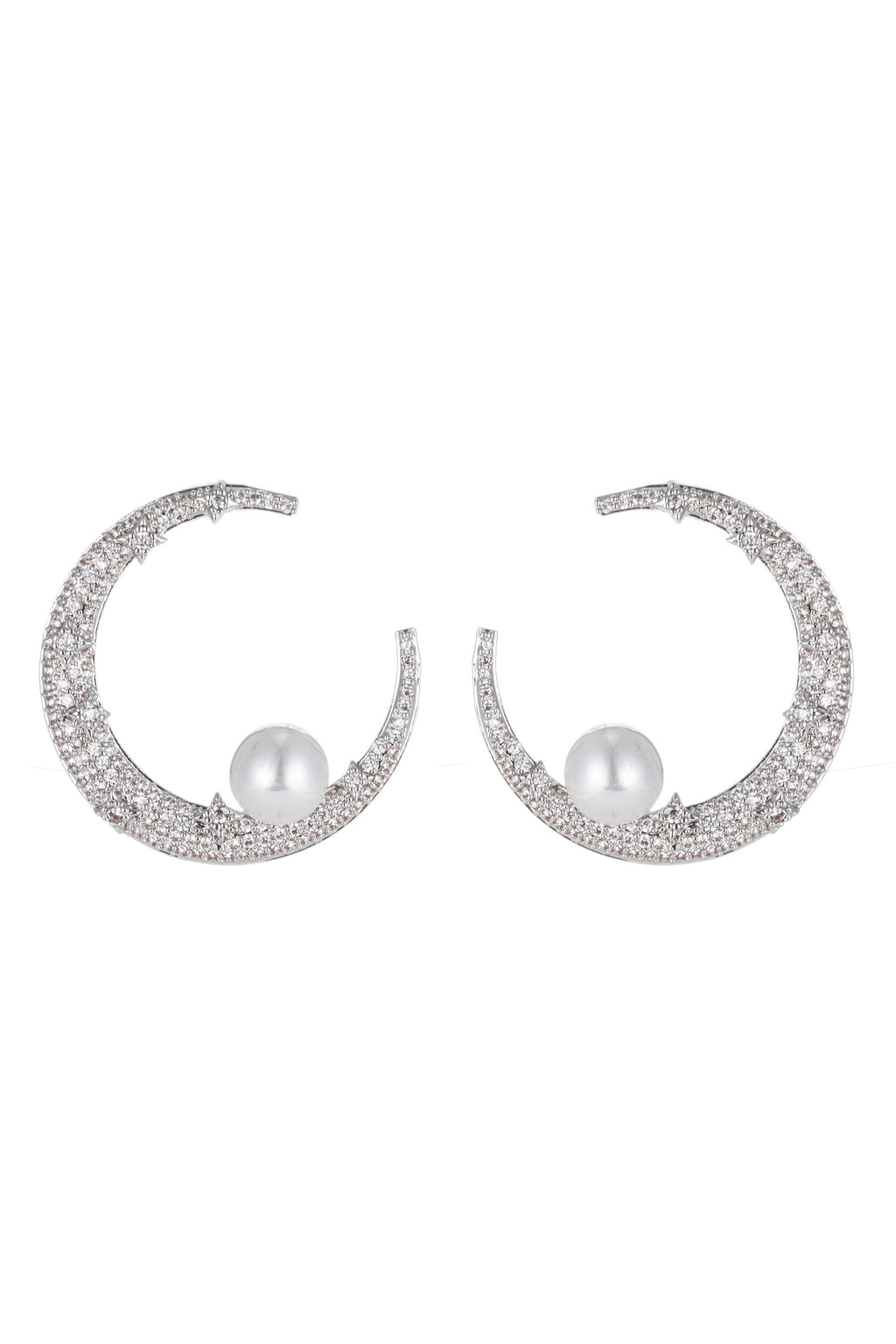 Silver crescent moon pearl earrings studded with CZ crystals.
