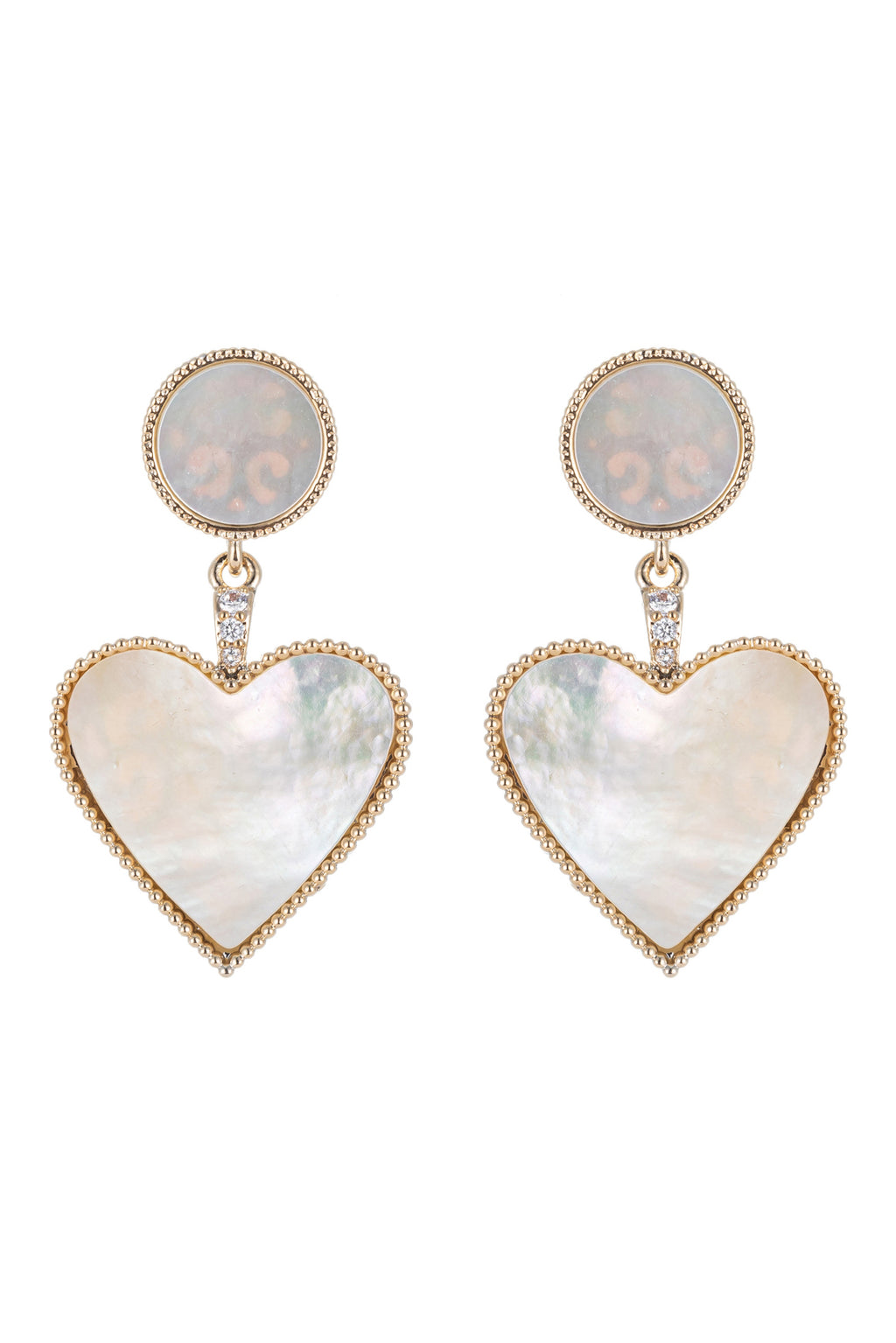 Shell pearl heart earrings studded with CZ crystals.