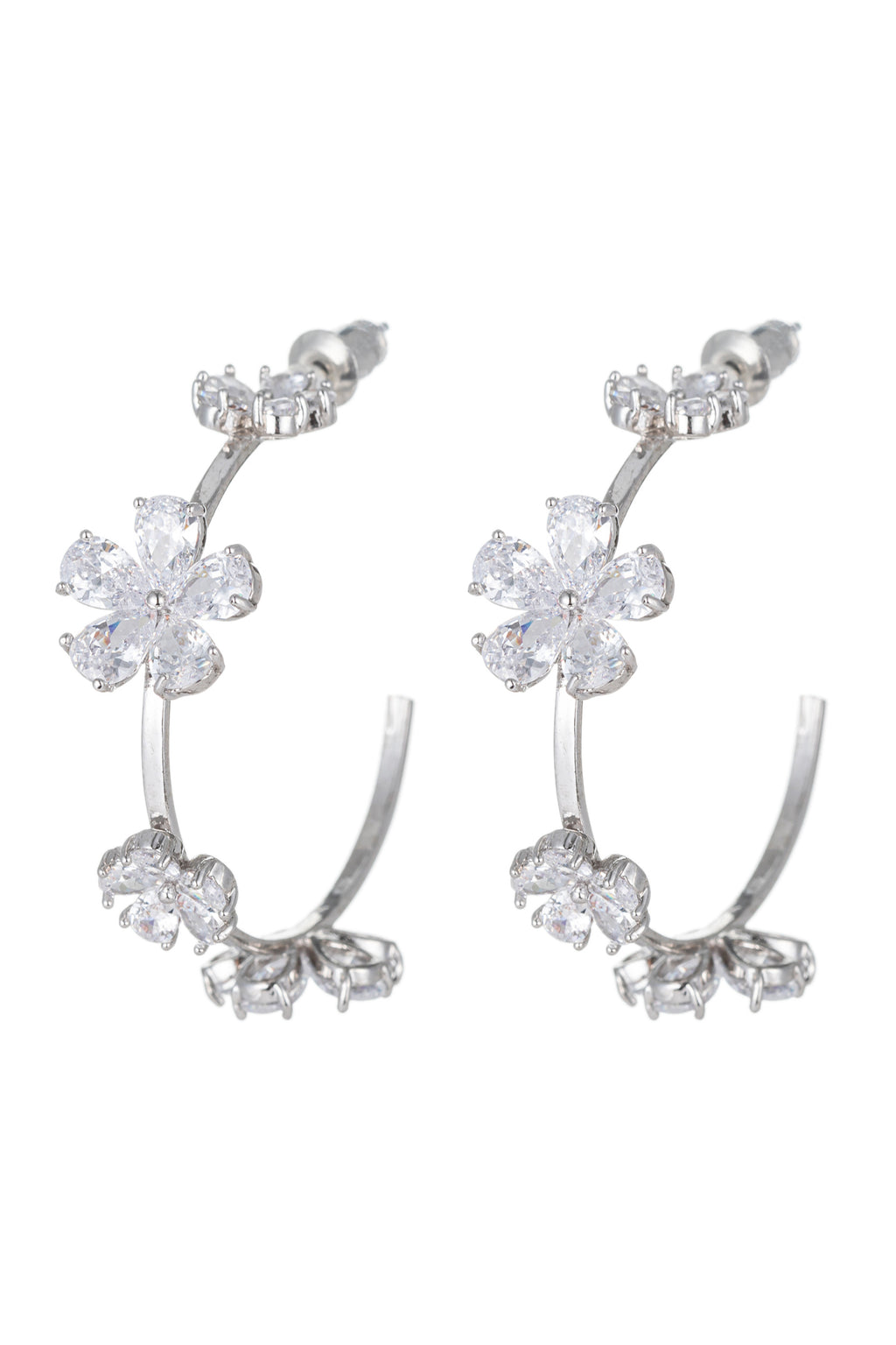 Silver flower earrings studded with CZ crystals.