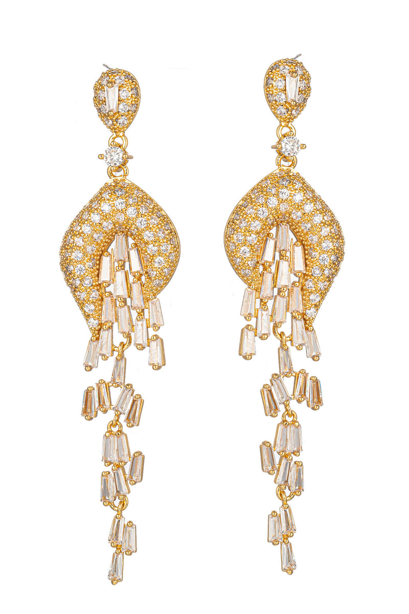Gold tone brass statement earrings studded with CZ crystals.