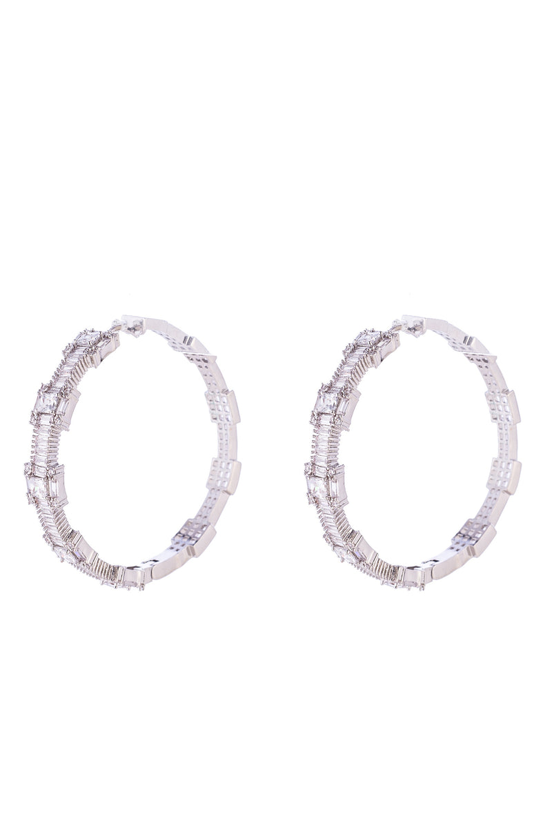Silver CZ stone studded hoop earrings.