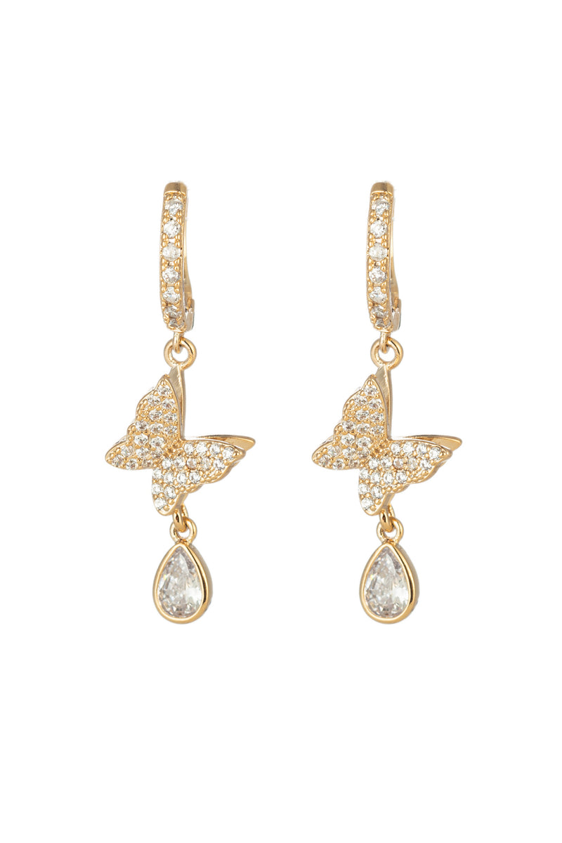 Butterfly wing huggie loop earrings with CZ stones.