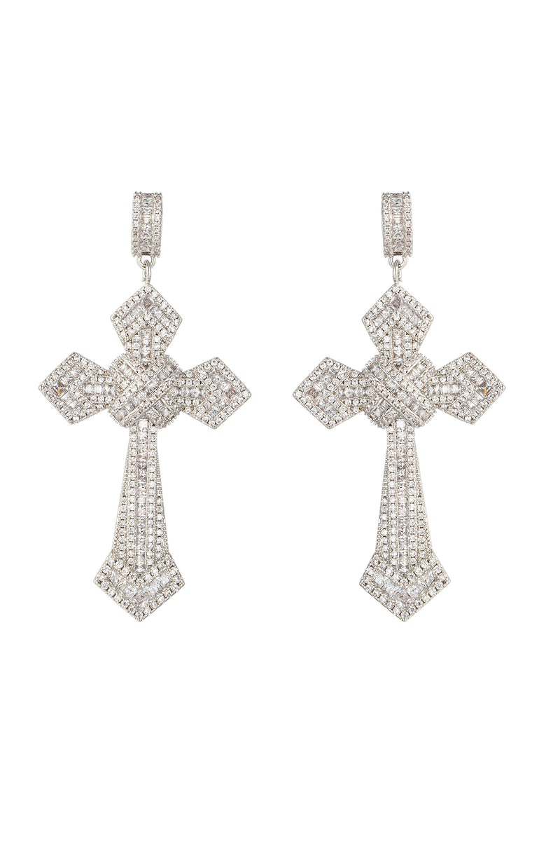 Silver brass double cross statement earrings studded with CZ crystals.