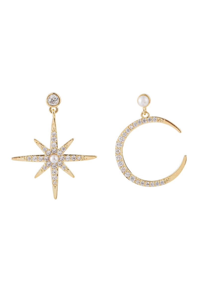 North Star and Crescent Moon dangle earrings filled  with CZ crystals.