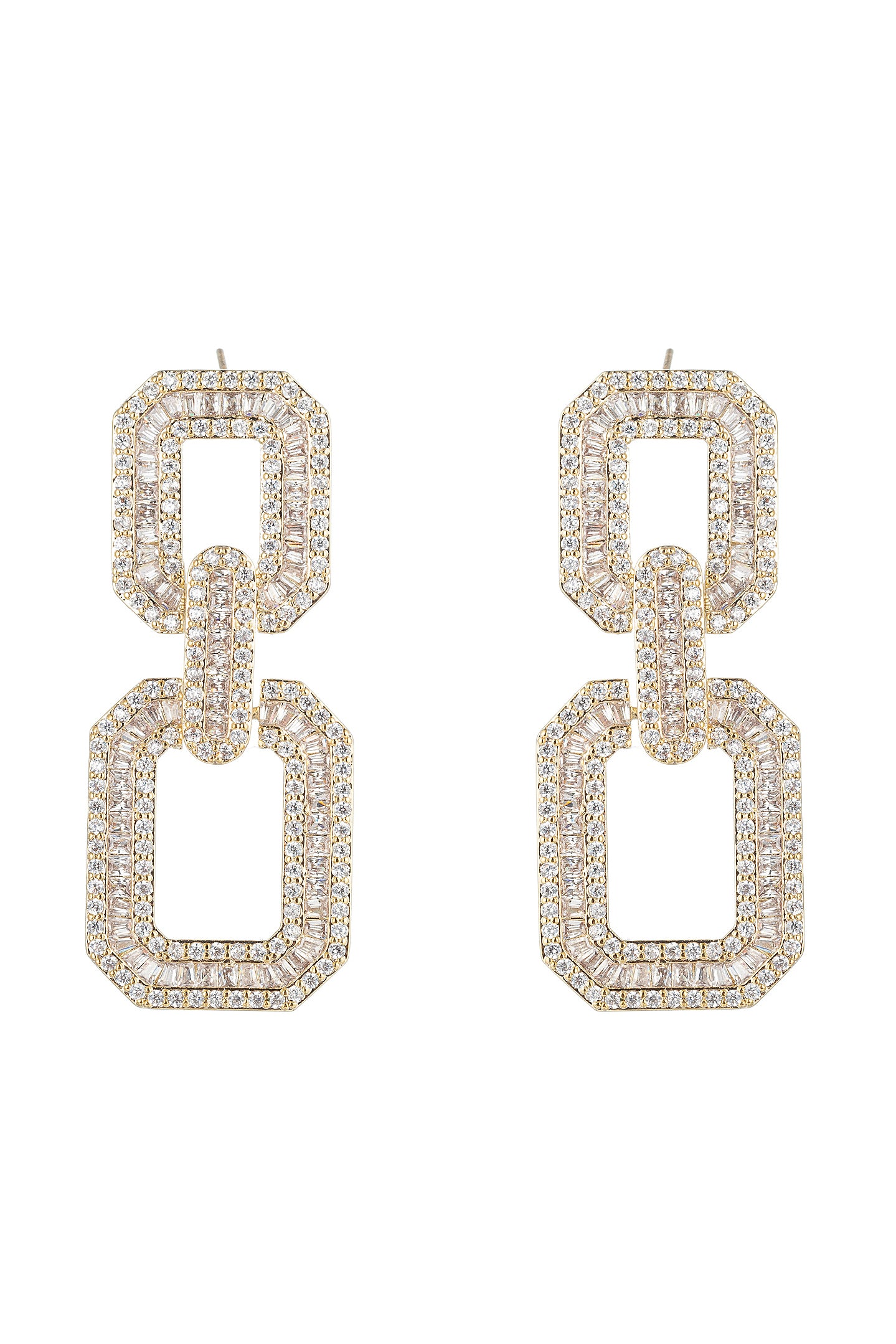 Gold tone brass square statement earrings studded with CZ crystals.
