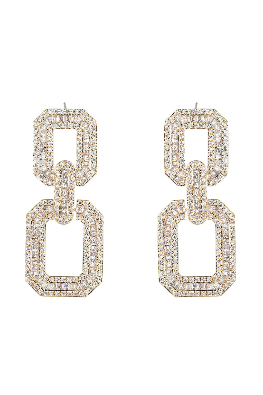 Gold tone brass square statement earrings studded with CZ crystals.