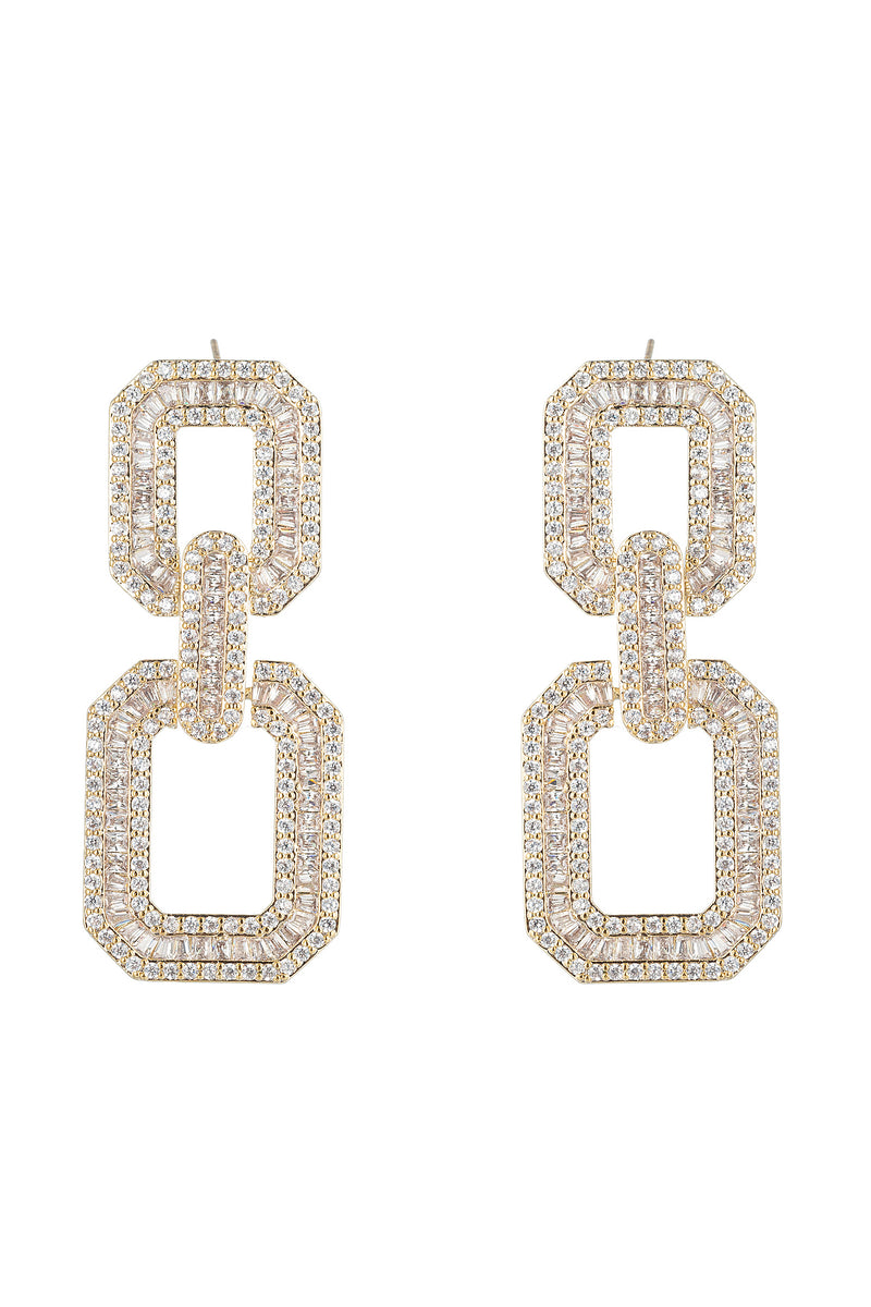 Gold tone brass square statement earrings studded with CZ crystals.