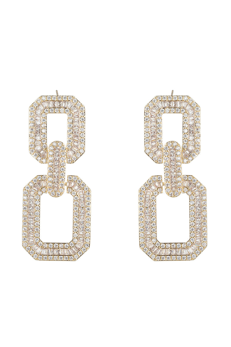 Gold tone brass square statement earrings studded with CZ crystals.