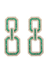 Gold tone brass statement earrings studded with green CZ crystals.