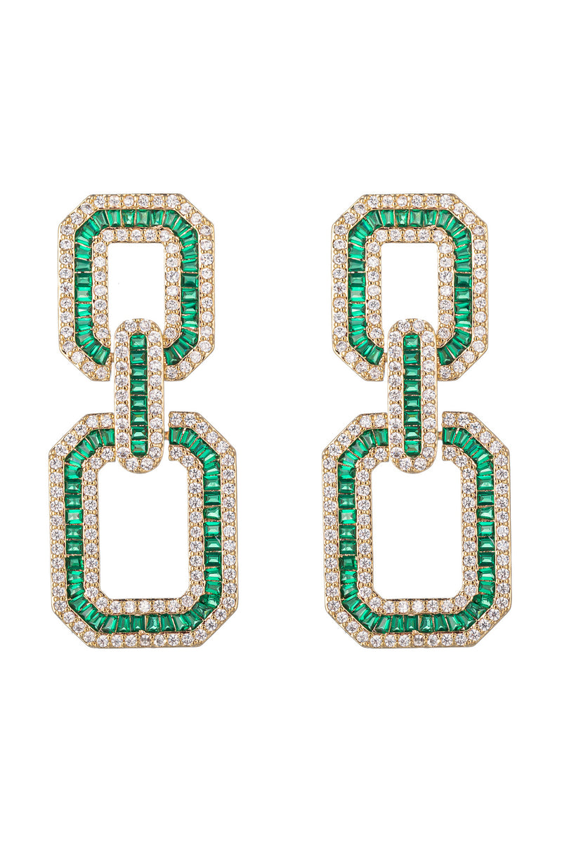 Gold tone brass statement earrings studded with green CZ crystals.