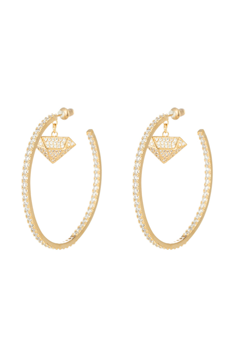 Gold diamond pendant hoop earrings studded with CZ crystals.