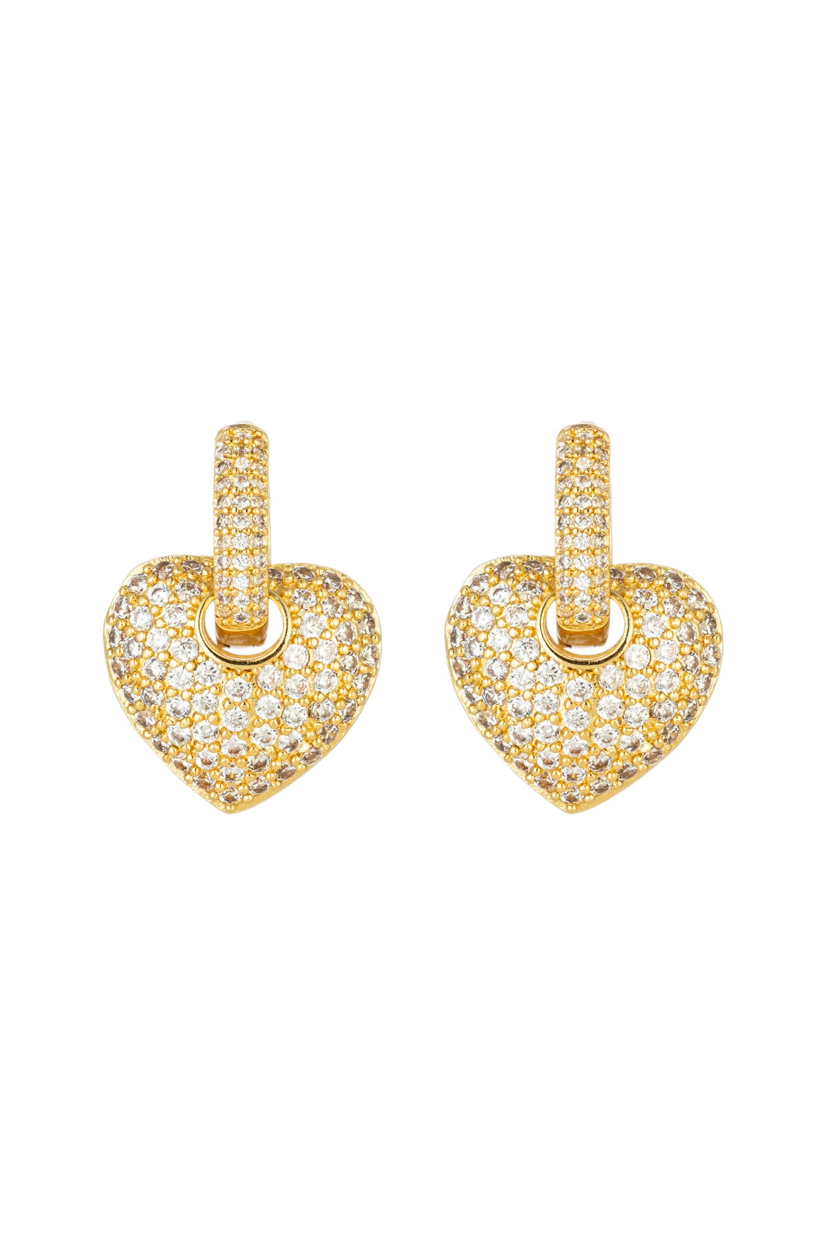 Golden hearts huggie earrings with CZ crystals.