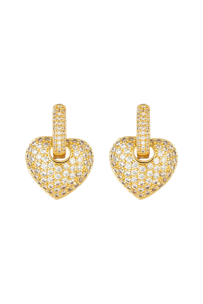 Golden hearts huggie earrings with CZ crystals.