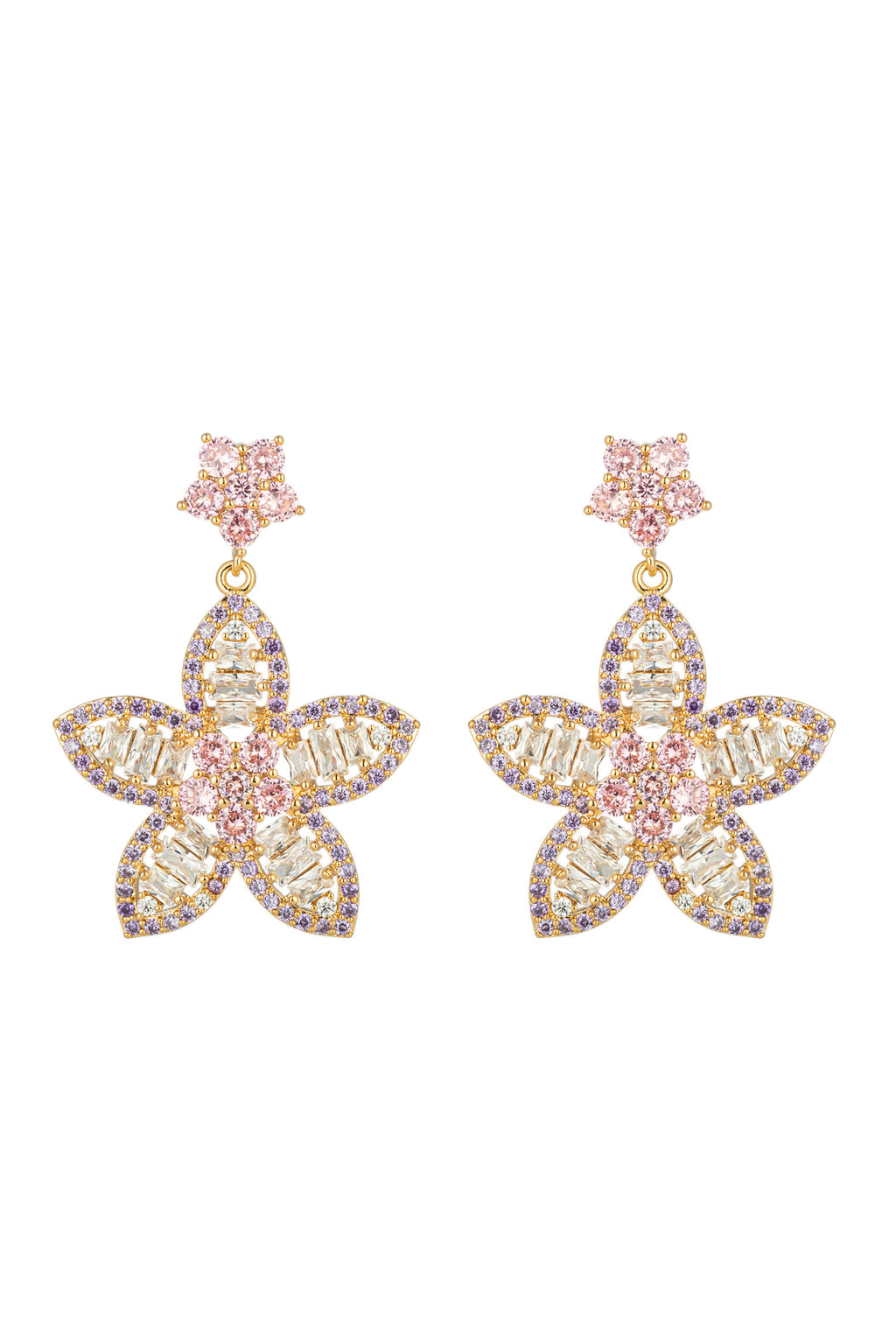 Pink & green double flower earrings studded with CZ crystals.