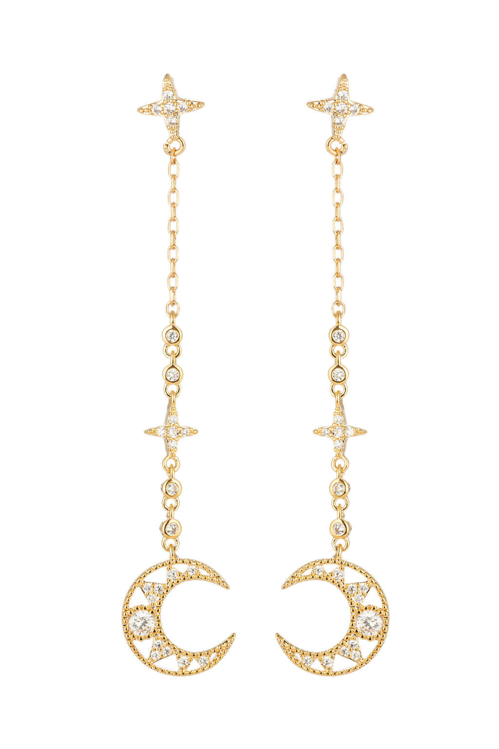 Gold crescent moon dangle earrings studded with CZ crystals.
