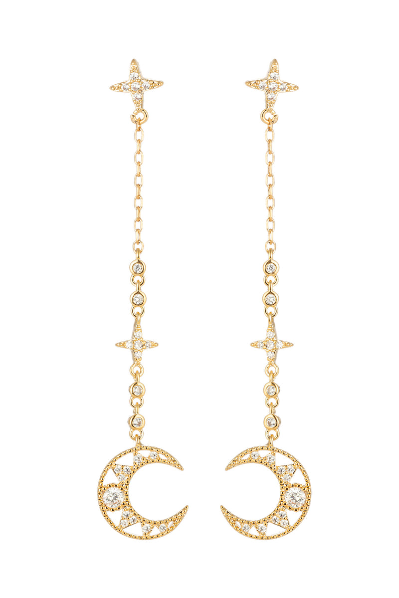 Gold crescent moon dangle earrings studded with CZ crystals.