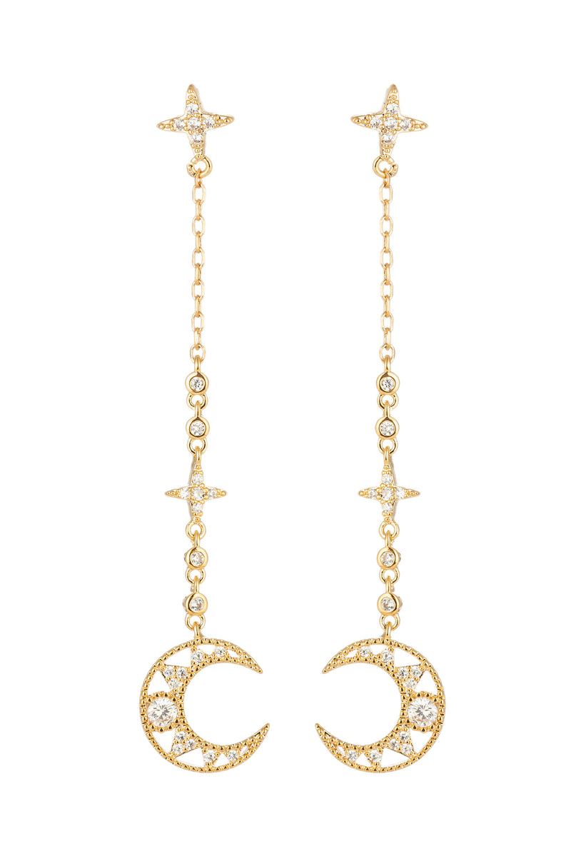 Gold crescent moon dangle earrings studded with CZ crystals.
