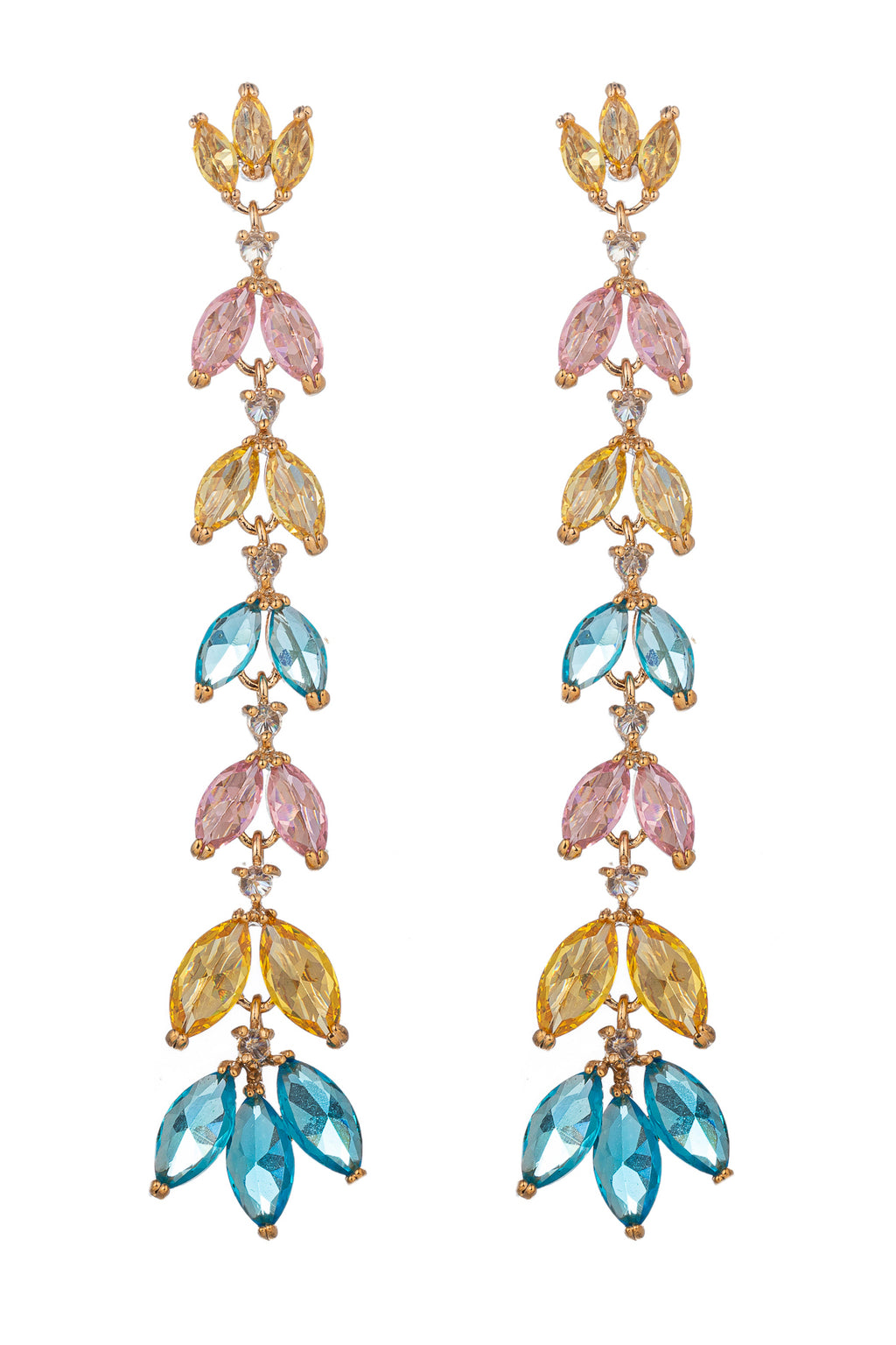 Gold tone brass dangle earrings with pastel rainbow CZ crystals.