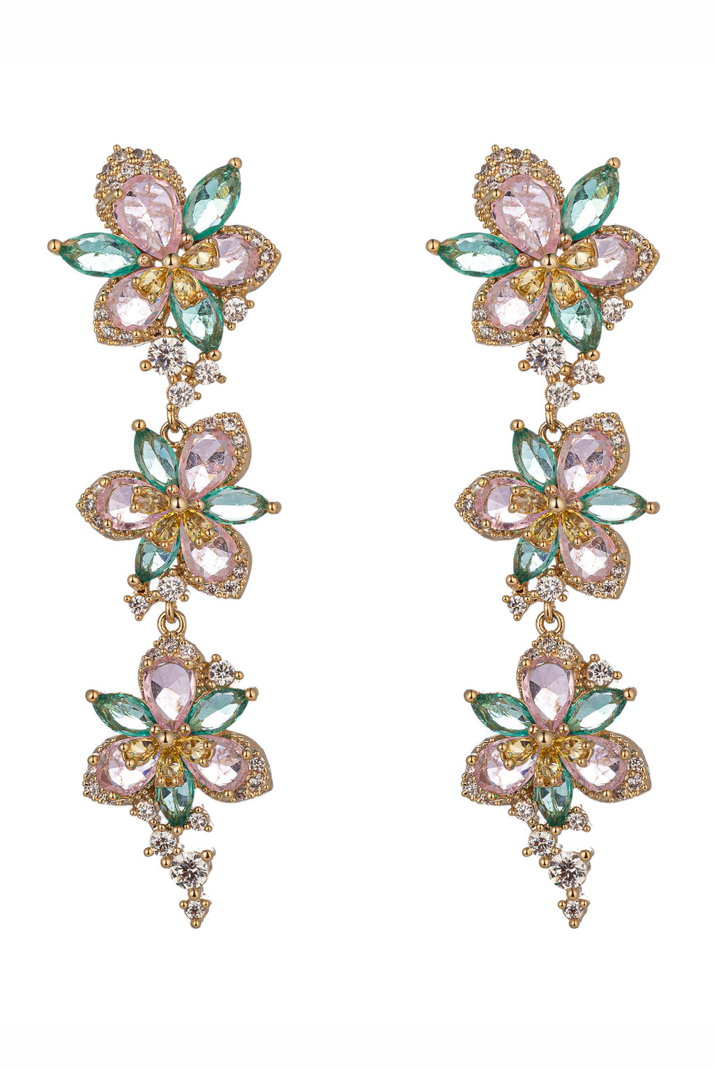 Gold tone brass drop earrings with CZ crystal flower pendants.