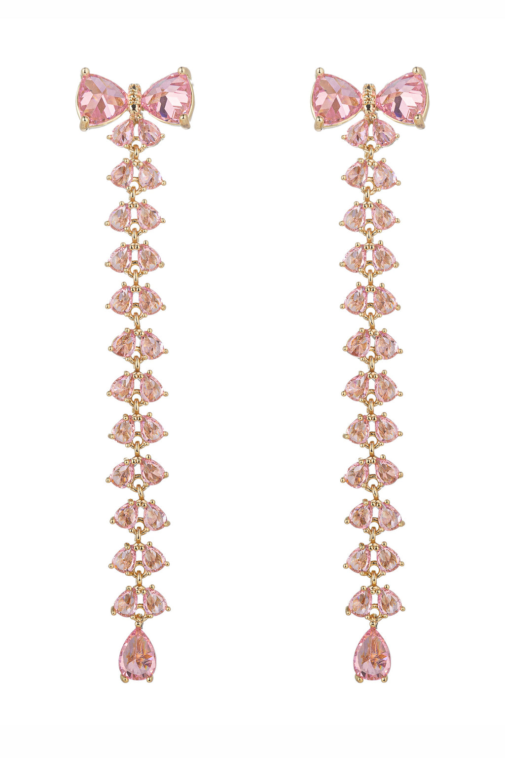 Gold tone brass bow earrings studded with pink CZ crystals.