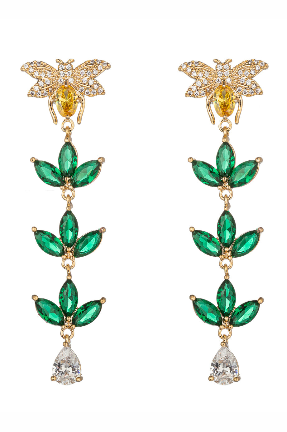Gold tone brass bee pendant drop earrings studded with green and gold CZ crystals.