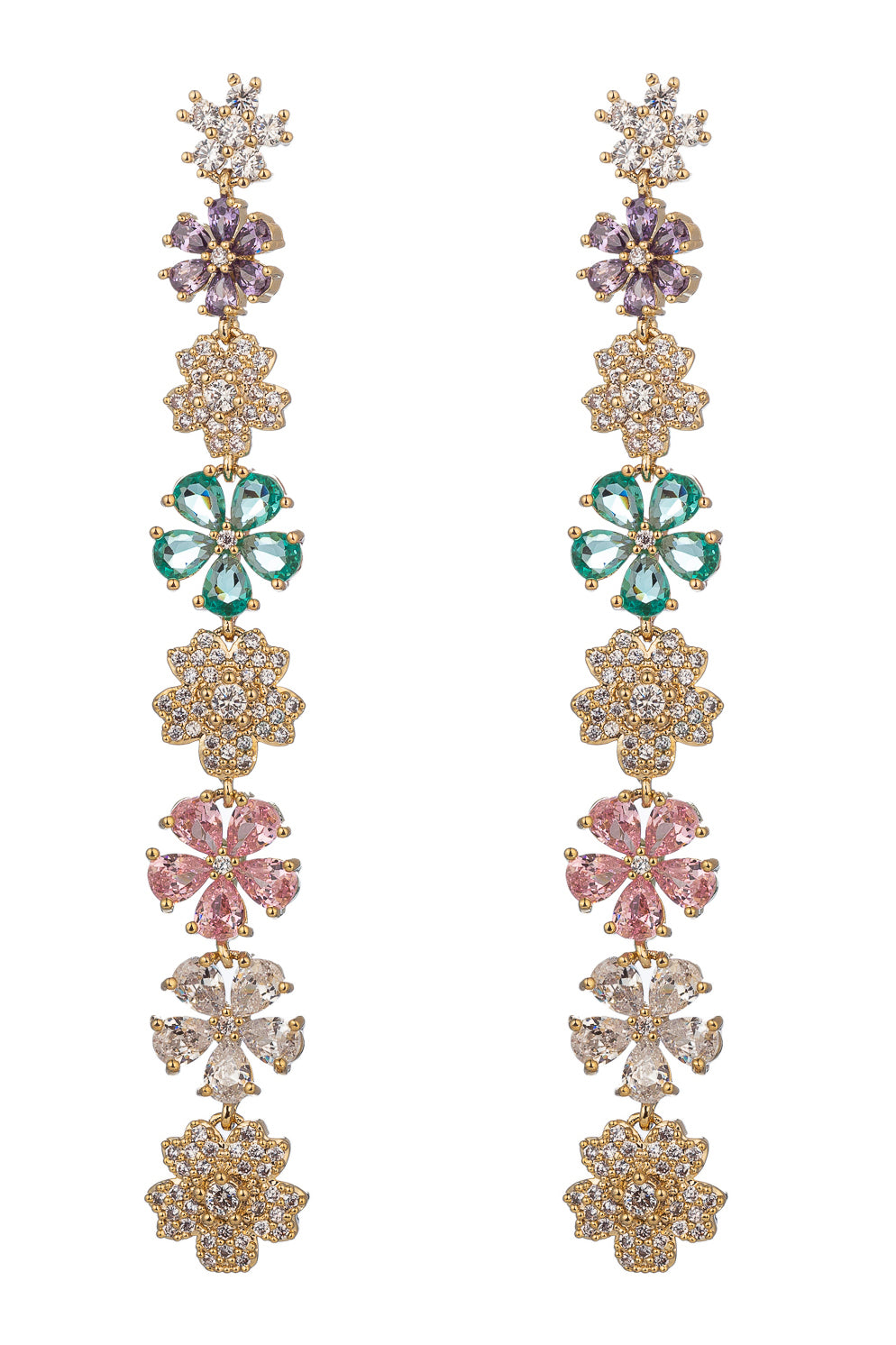 Gold tone brass dangle earrings with CZ crystal flower pendants.