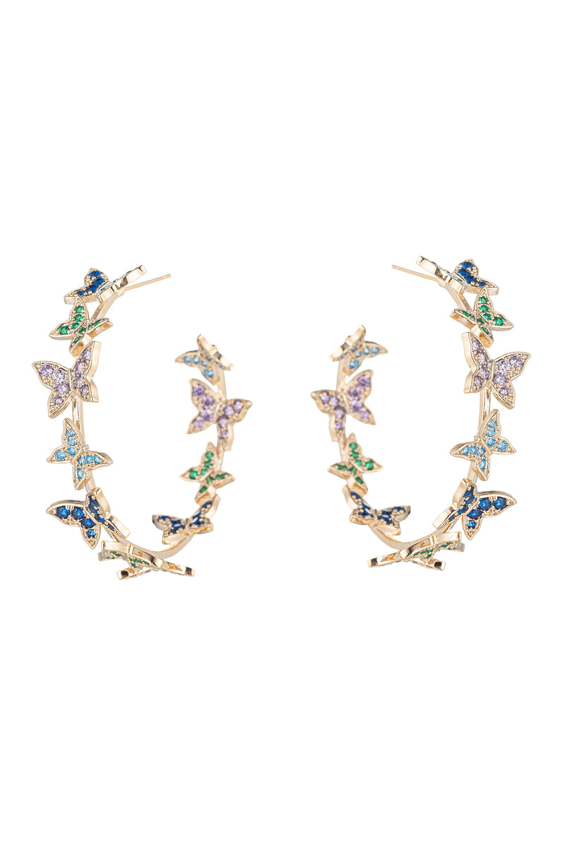 Gold tone brass butterfly loop earrings studded with CZ crystals.