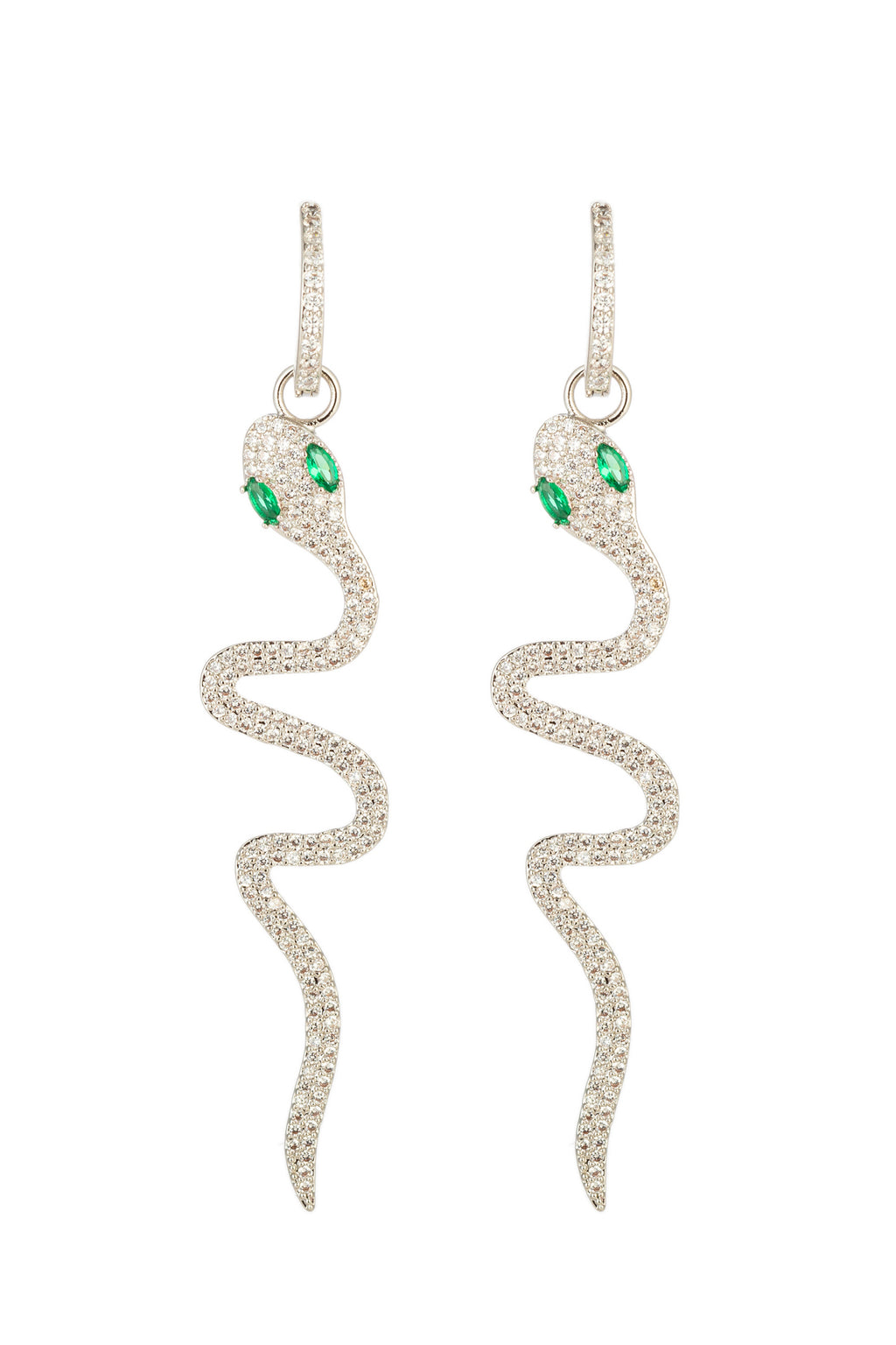 Silver snake earrings studded with CZ crystals.