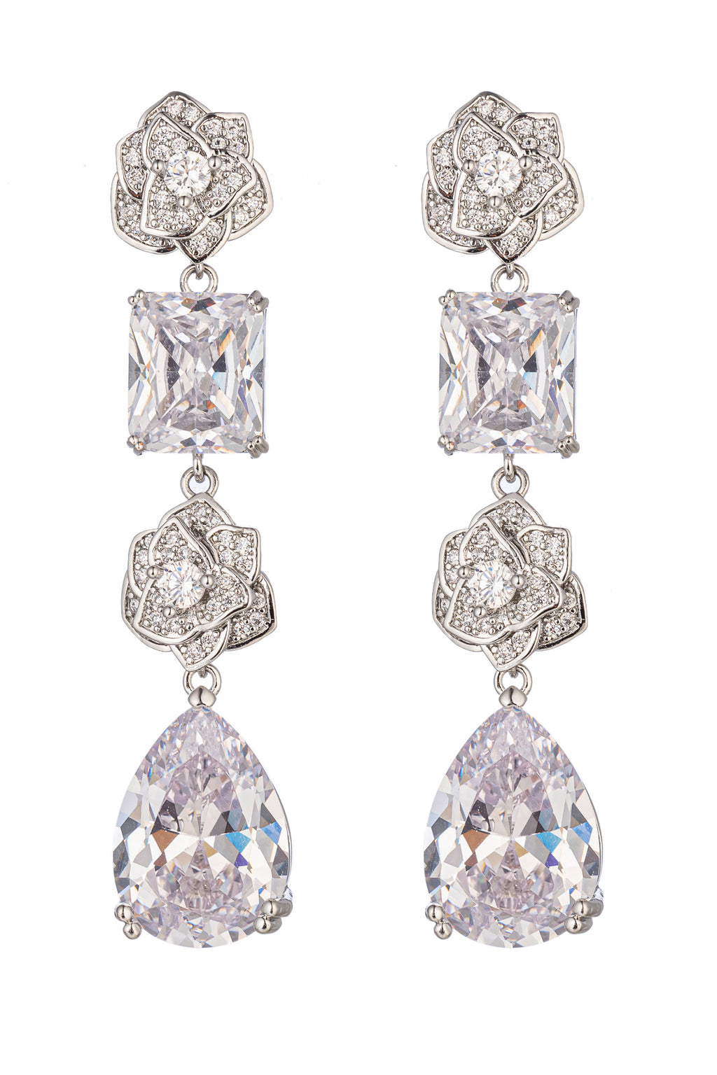 Silver drop earrings studded with cubic zirconia.