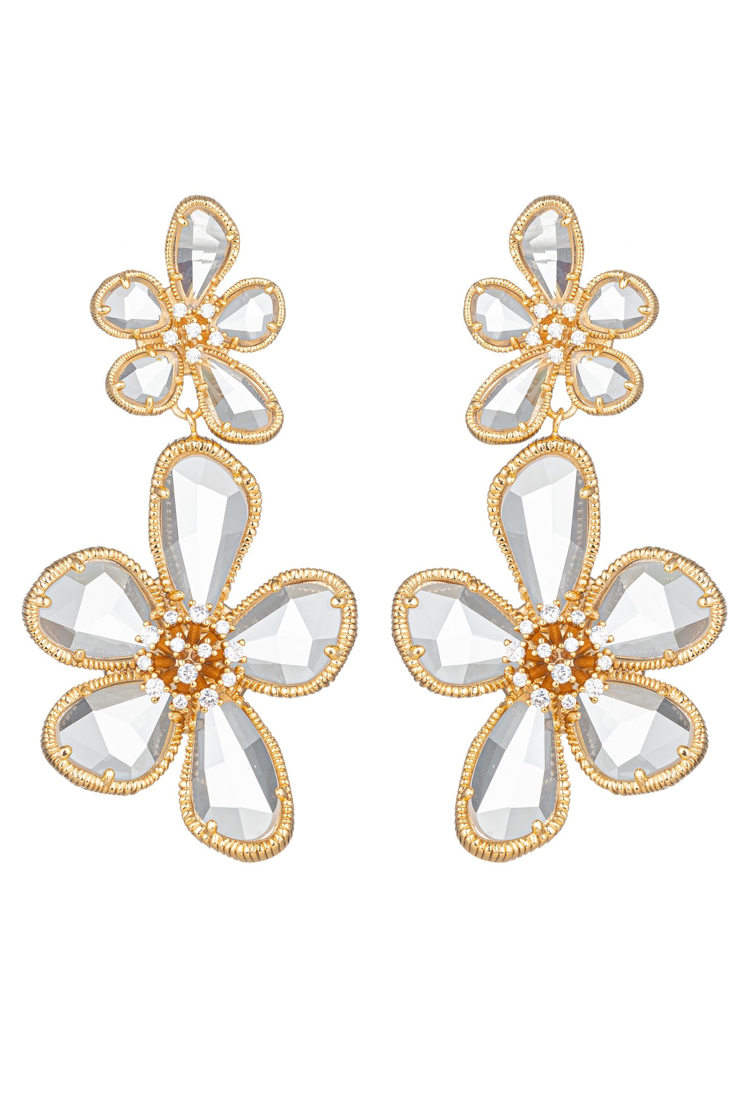 Kolab Double Flower 18K Gold Plated CZ Drop Earrings