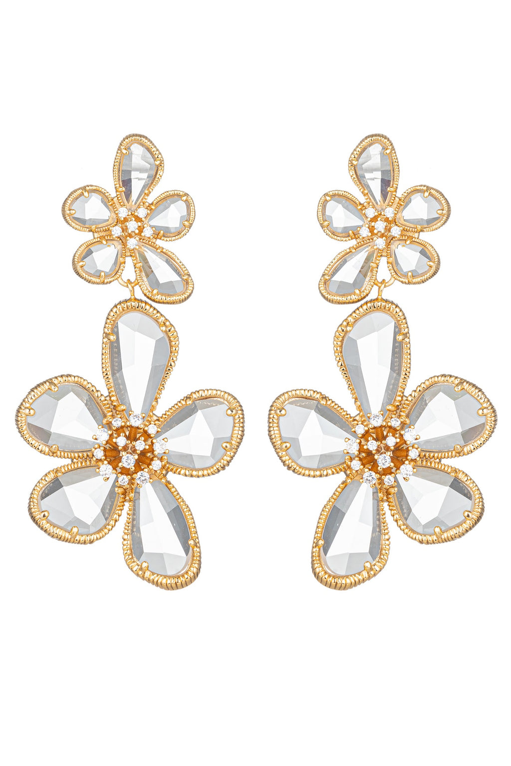 Kolab Double Flower 18K Gold Plated CZ Drop Earrings