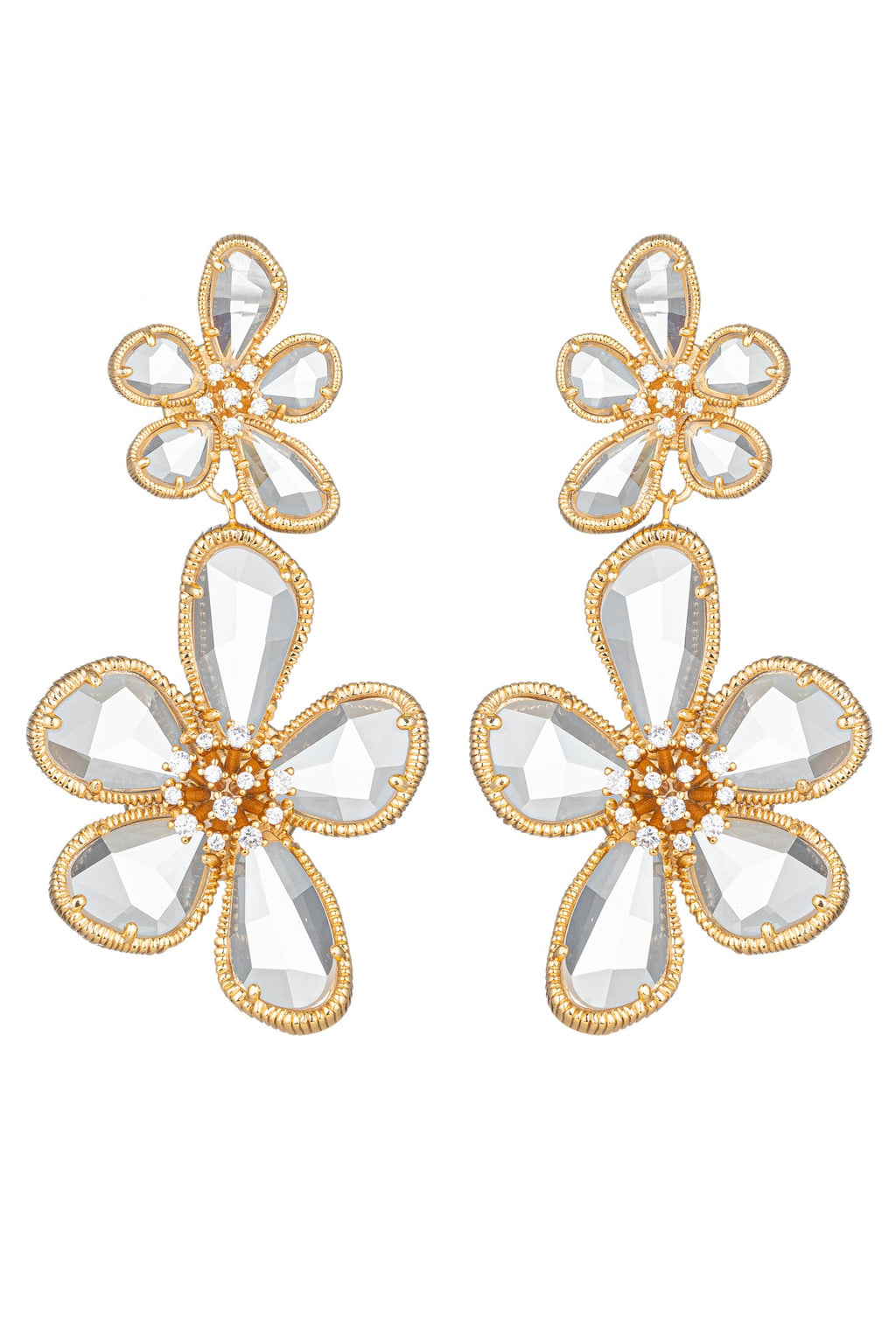 Kolab Double Flower 18K Gold Plated CZ Drop Earrings
