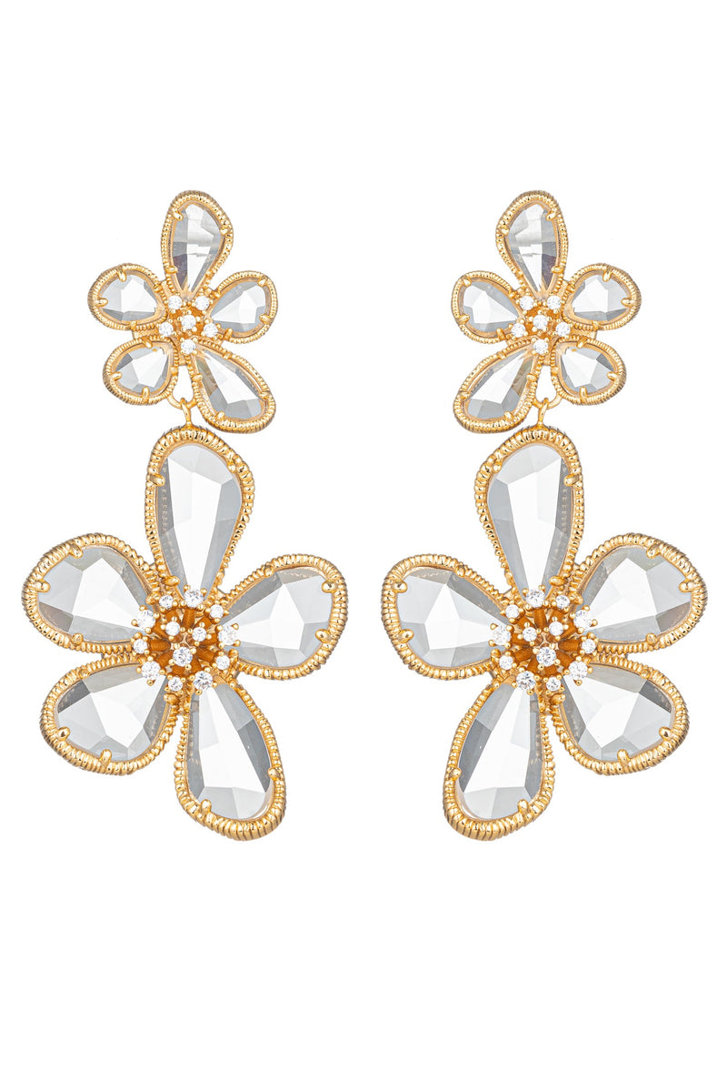 Kolab Double Flower 18K Gold Plated CZ Drop Earrings