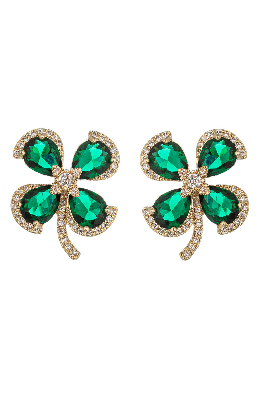 Gold tone brass 4 leaf clover green stud earrings studded with CZ crystals.