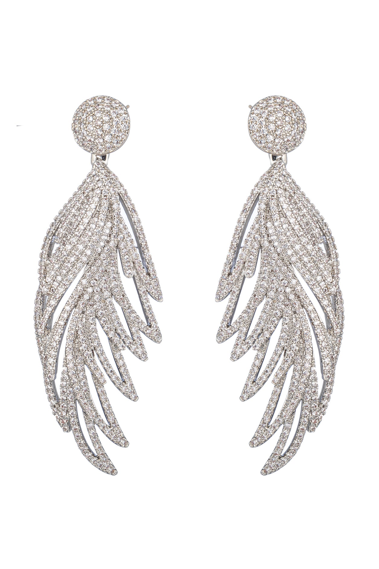 Silver tone brass feather earrings studded with CZ crystals.