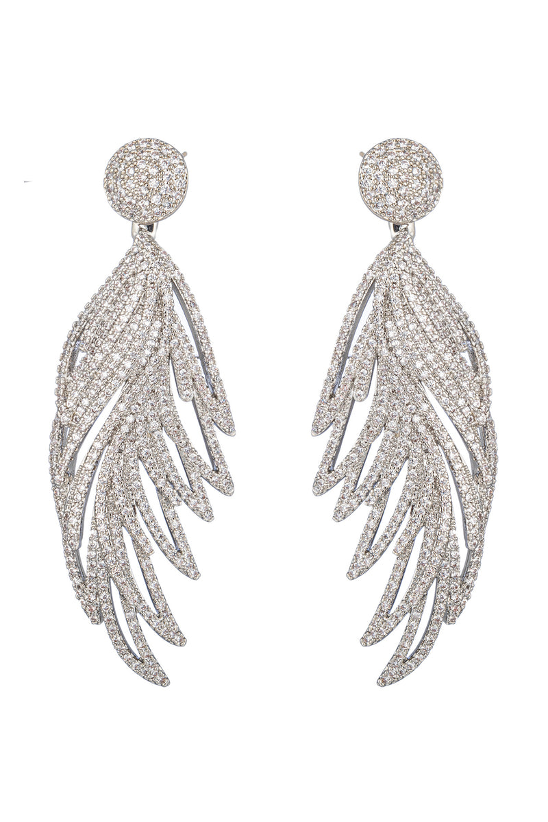 Silver tone brass feather earrings studded with CZ crystals.